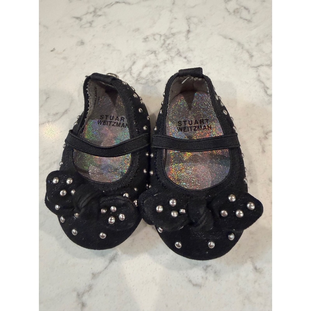 Stuart Weitzman Charlotte Black Studded Bow Baby Mary Jane Ballet Flats Size 1